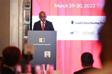 Minister K. Shanmugam delivered his keynote address at the South China Morning Post Conference on 29 March 2023. Photo credit: SCMP